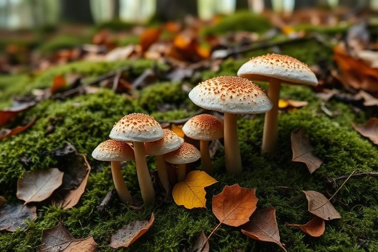 Wild mushrooms on a mossy woodland floor