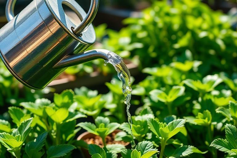 Watering can pouring over green plants